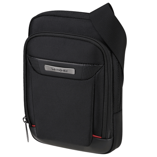 This Pro-DLX 6 Small Crossbody Bag Black Nylon by Samsonite has the brand logo in a plaque on the front.