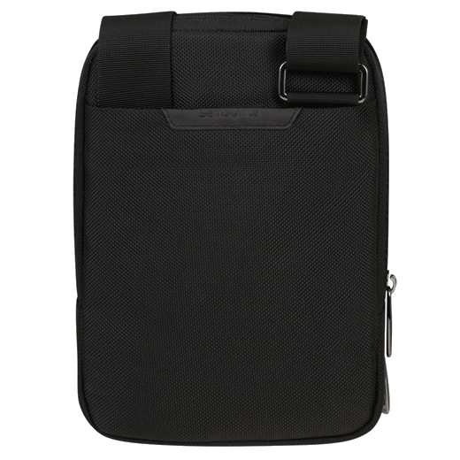 This Samsonite Pro-DLX 6 Small Crossbody Bag Black Nylon is branded with a gunmetal plaque on the front and embossing on the rear.