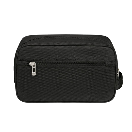 Samsonite's Respark Toilet Pouch Ozone Black has a small zip pocket on the rear and a grab handle.