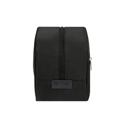 This Samsonite Respark Toilet Pouch Ozone Black is made out of recycled fabric in black with silver trims.