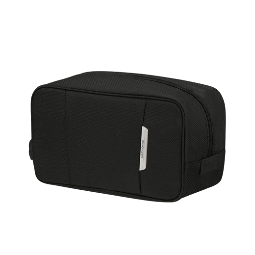 This Samsonite Respark Toilet Pouch Ozone Black has a small plaque on the front with the brand name in polished silver.