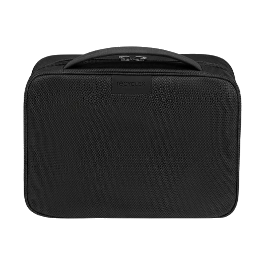 This Samsonite Respark Weekender Wash Bag Ozone Black has gunmetal hardware on the zip pulls and the logo plaque on the front.