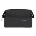 This Samsonite Stackd Toilet Kit Pouch in Black has a small black rubber plaque on the front with the Samsonite brand name.