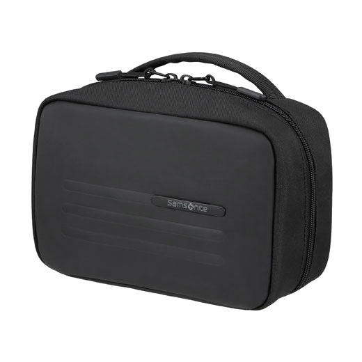 Samsonite's Stackd Toilet Kit Weekender Wash Bag, Black has a dual zip into the main compartment that has a wet pocket and organisation internally.