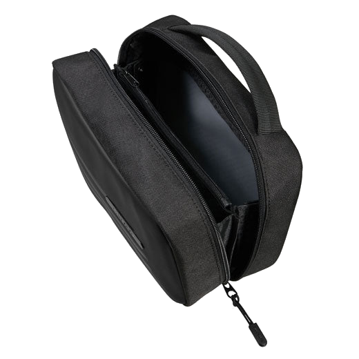 This Stackd Toilet Kit Weekender Wash Bag, Black by Samsonite has a small rubber plaque on the front with the brand name.
