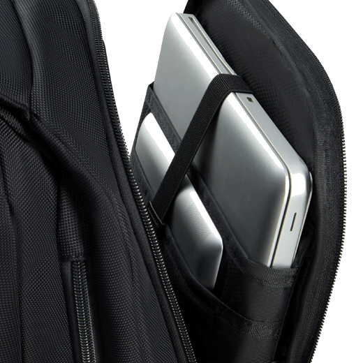 This Samsonite Urban-Eye Accordeon Backpack 15.6", Black can fit a laptop and tablet inside the padded compartment.