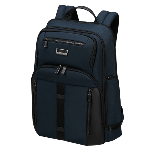 Samsonite's Urban-Eye Backpack 15.6" in Blue has two padded shoulder straps and a top handle, with multiple exterior pockets.