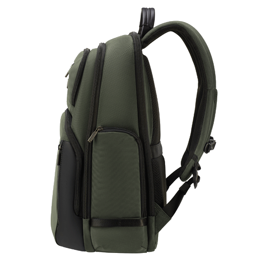 This Urban-Eye Backpack 15.6" in Green by Samsonite has gunmetal hardware with the Samsonite brand name featured on the zip pulls and the front of the backpack.