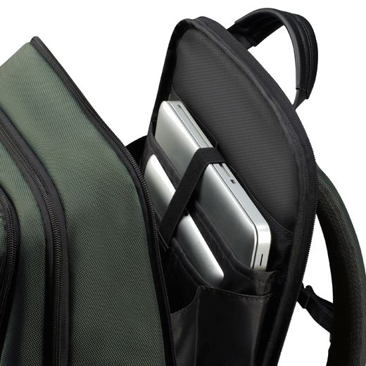 You can fit a tablet up to the size of 10.5 inches in the padded compartment of this Samsonite Urban-Eye Backpack 15.6" in Green.