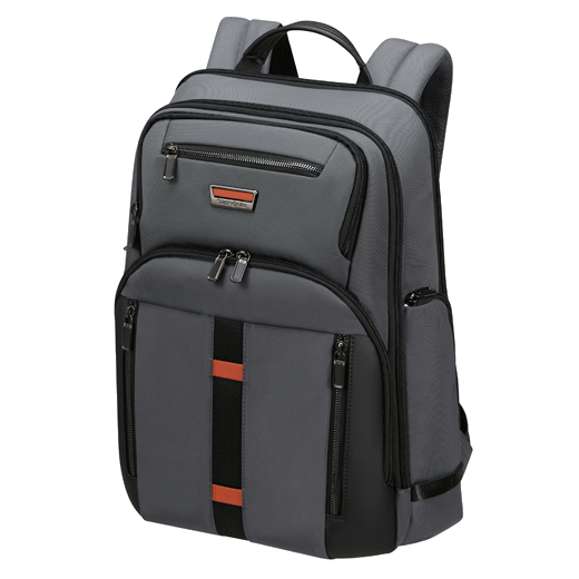 Samsonite's Urban-Eye Grey and Cognac Backpack 15.6" has 'Cognac' brown accents on the front along the centre to contrast with the grey.