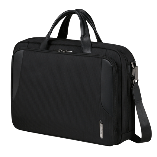 This XBR 2.0 Recycled PET Black Briefcase 15.6" by Samsonite has top handles and a detachable shoulder strap.