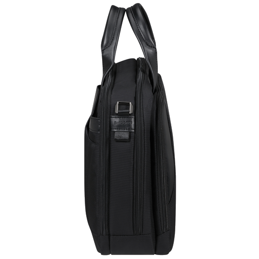 This XBR 2.0 Recycled PET Black Briefcase 15.6" by Samsonite has the brand name engraved in a gunmetal plaque.