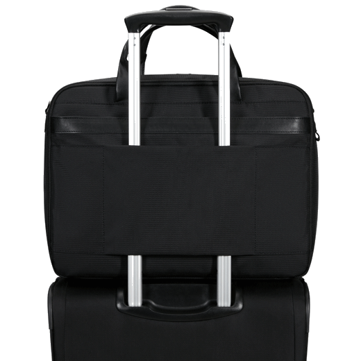 This XBR 2.0 Recycled PET Black Briefcase 15.6" has a strap on the back so this briefcase can be attached to a travel case.