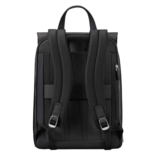 Samsonite's Zalia 3.0 Black Backpack with Flap 14.1" has padded shoulder straps that are adjustable, a top grab handle, and multiple compartments.
