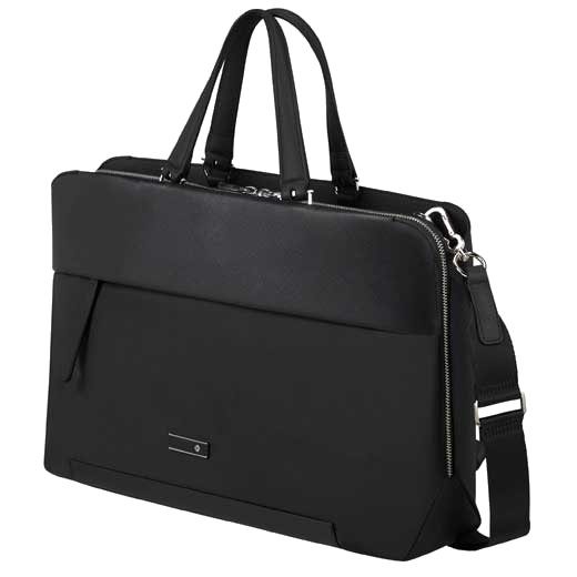 This Samsonite Zalia 3.0 Briefcase 14.1" in Black has polished silver hardware on the zip pulls, shoulder strap, and the front logo to match.