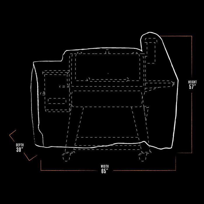 black and white dimension drawing of savannah onyx grill cover with brown accents. cover measures 65" x 30" x 57"