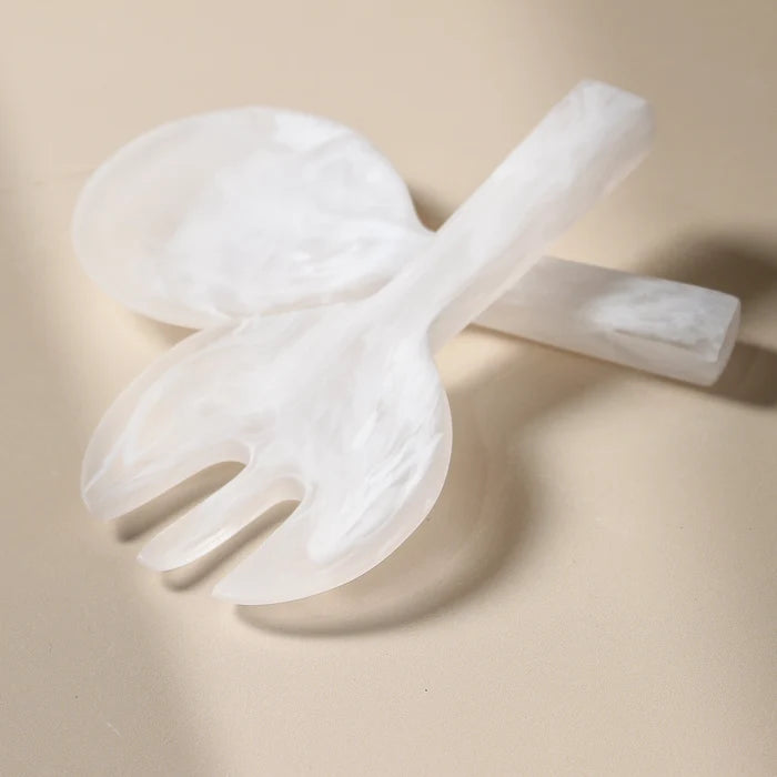 Short Handle Salad Servers - White Swirl