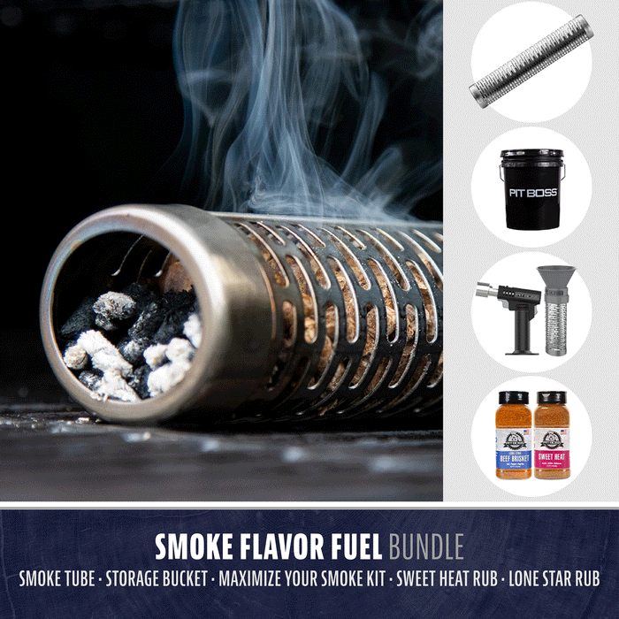Pit Boss Grills Smoke Flavor Fuel Bundle, featuring accessories like a smoke tube, flavor wood chunks, and seasoning rubs.