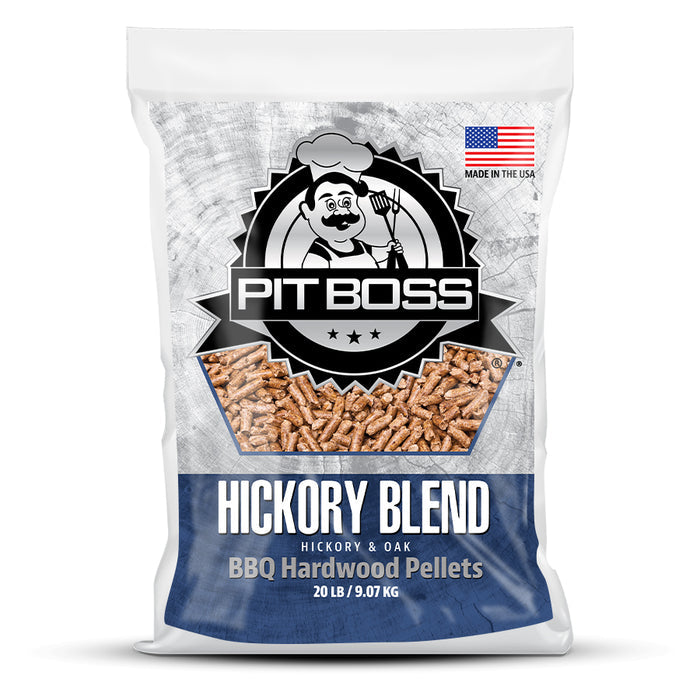 White bag of Pit Boss Grills Hickory Blend BBQ Hardwood Pellets, 20 lb / 9.07 kg, made in the USA.