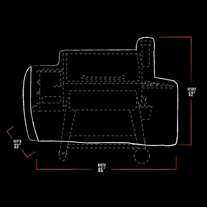 black and white dimension drawing of bbq grill cover. measures 65" x 33" x 52"