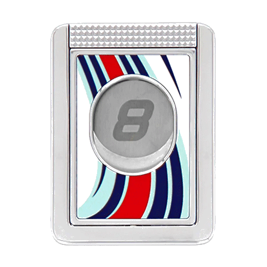 This S. T. Dupont 24H du Mans White & Chrome Cigar Cutter Stand has a striped pattern with white, blue and red.