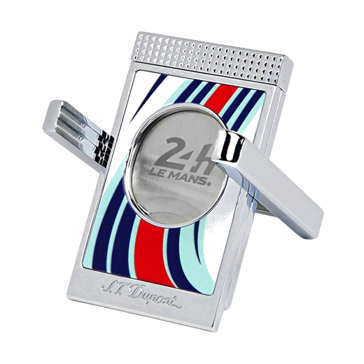 This S. T. Dupont 24H du Mans White & Chrome Cigar Cutter Stand has the brand name engraved at the bottom and the 24h emblem in the centre.