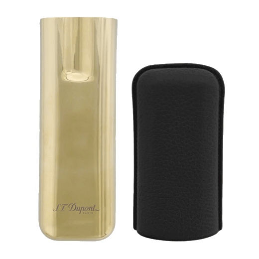This S.T. Dupont Black Leather Double Cigar Case has the brand name engraved onto the bottom of the metal case.