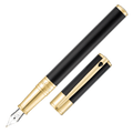 S.T. Dupont's D-Initial Black and Gold Fountain Pen with gold trims and a smooth black barrel.