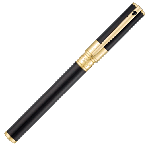 S.T. Dupont's D-Initial Black and Gold Fountain Pen has the brand name engraved around the barrel on the gold trim.