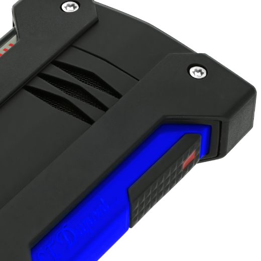 This S.T. Dupont Défi Extrême Matte Neon Blue Lighter has a clear window so you can see how much gas is left inside.