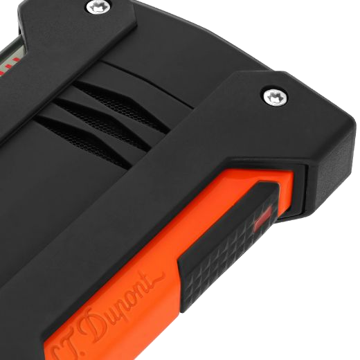 This S.T. Dupont Défi Extrême Matte Neon Orange Lighter has a matte black case that covers the neon orange underneath.