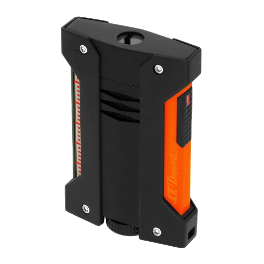 This Défi Extrême Matte Neon Orange Lighter by S.T. Dupont has a clear window that shows you how much lighter fluid is left.