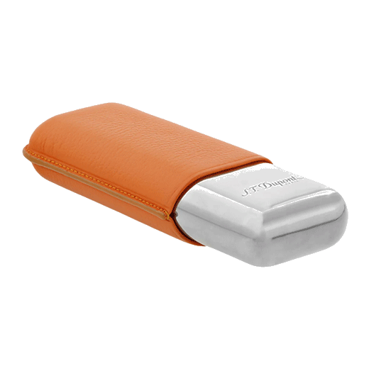 The Double Cigar Case Grained Orange Leather has the S.T. Dupont brand name on the chrome part.