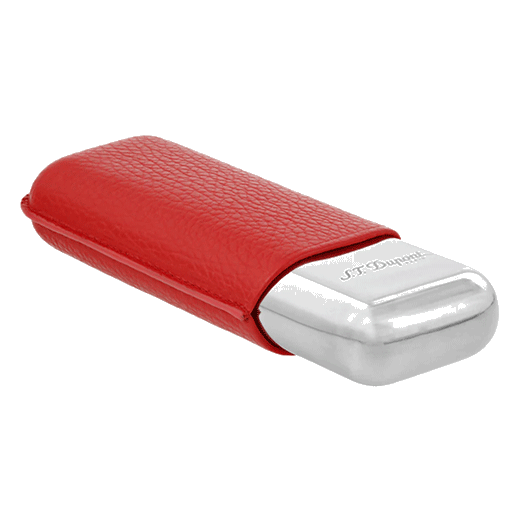 This S. T. Dupont Grained Red Leather Double Cigar Case has a grained texture surface in contrast to the smooth chrome base.