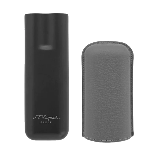 This Matte Black & Graphite Double Cigar Case by S. T. Dupont has the brand name engraved.
