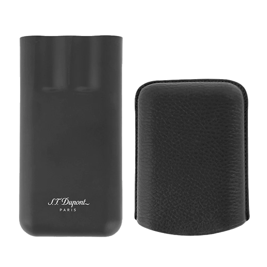 This Matte Black & Leather Triple Cigar Case by S. T. Dupont has the brand name engraved in silver.