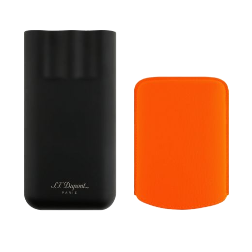 S.T. Dupont's Matte Black & Neon Orange Leather Triple Cigar Case has the brand name engraved onto the matte black stainless steel case at the bottom.