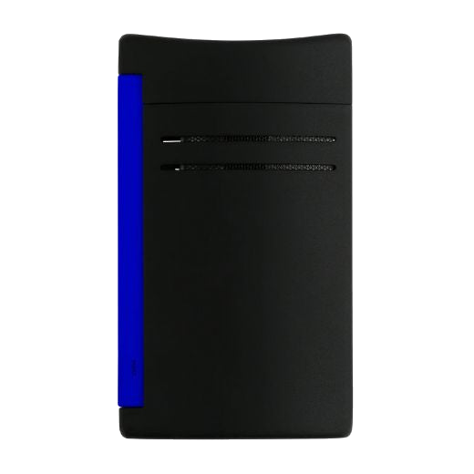 This Maxijet Matte Black & Neon Blue Lighter by S.T. Dupont has a slightly curved top with a dip in the centre.