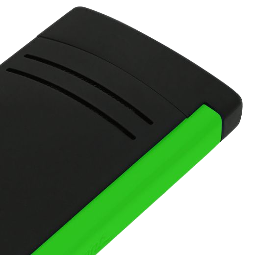 This S.T. Dupont Maxijet Matte Black & Neon Green Lighter has a slightly curved exterior that has two lines going across the front.