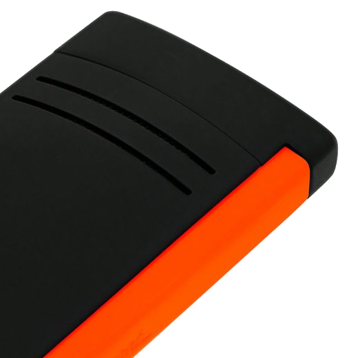 This Maxijet Matte Black & Neon Orange Lighter by S.T. Dupont has two lines going across the front that has a curved look.