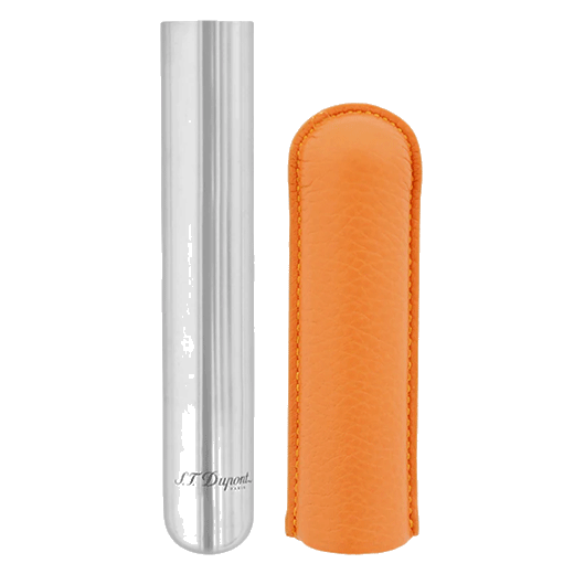 This Orange Leather & Chrome Cigar Case by S.T. Dupont is made with stainless steel and grained leather.