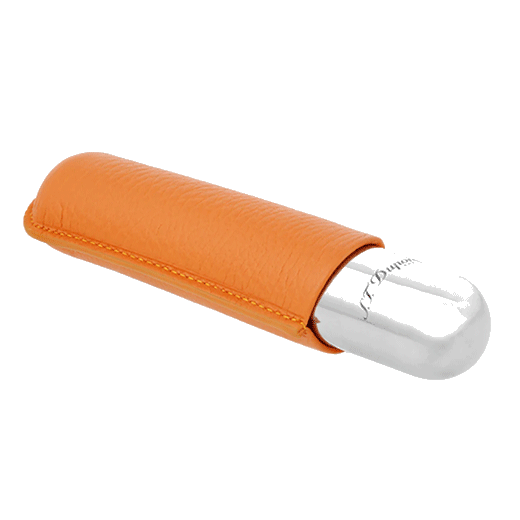 This Orange Leather & Chrome Cigar Case by S.T. Dupont has the brand name engraved onto the metal.