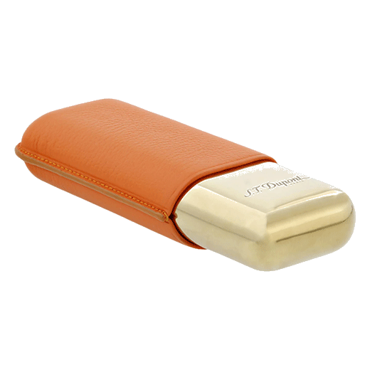 This S.T. Dupont Orange Leather Double Cigar Case Gold has the brand name engraved on the gold part.