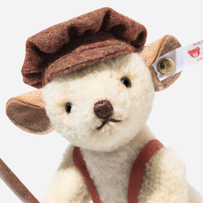 Close up of the Steiff 12 cm Limited Edition Beige Huckleberry Finn Mouse.