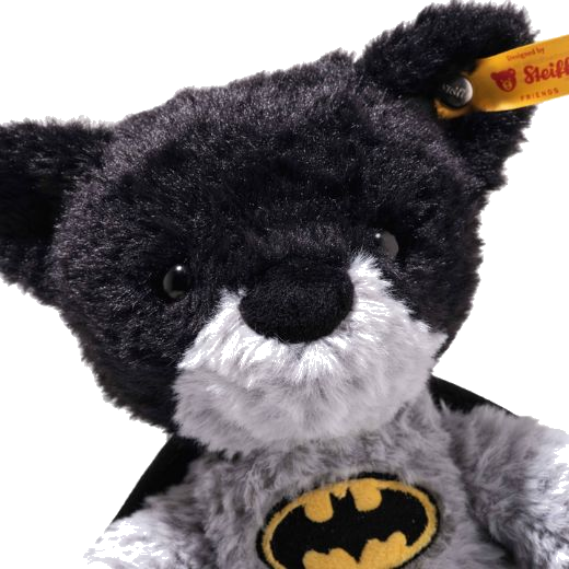 The 29cm Batman Teddy Bear features safety eyes, button in ear branding, and the classic bat logo.
