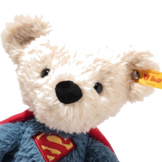 The 29cm, Superman Teddy Bear has safety eyes, is machine washable, and has the Steiff "button in ear" branding.