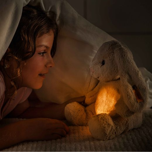 This Steiff Light at Night Hoppie Rabbit in Light Grey has a timer function on the night light so you can easily turn it on and off by touching the tummy of the rabbit.