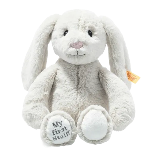 Steiff's Light Grey My First Steiff Hoppie Rabbit has ben made with polyester with a faux fur exterior.