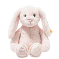 This Rose Pink My First Steiff Hoppie Rabbit measures at 26 cm tall.