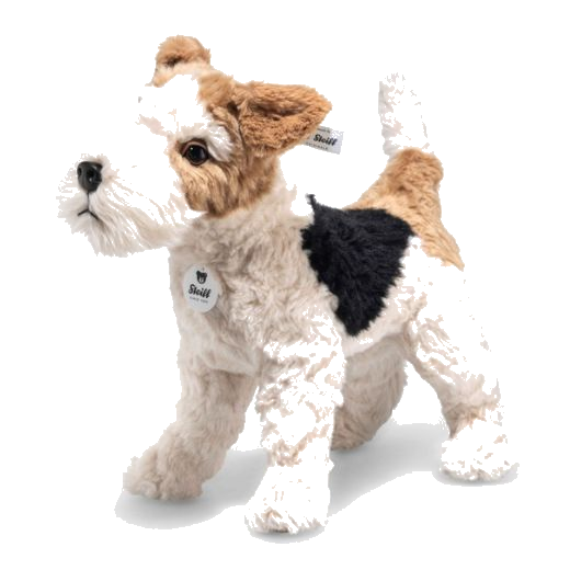 This Steiff Soft Cuddly Friends Foxy Fox Terrier 32 cm has safety eyes with embroidery on the nose for the features.